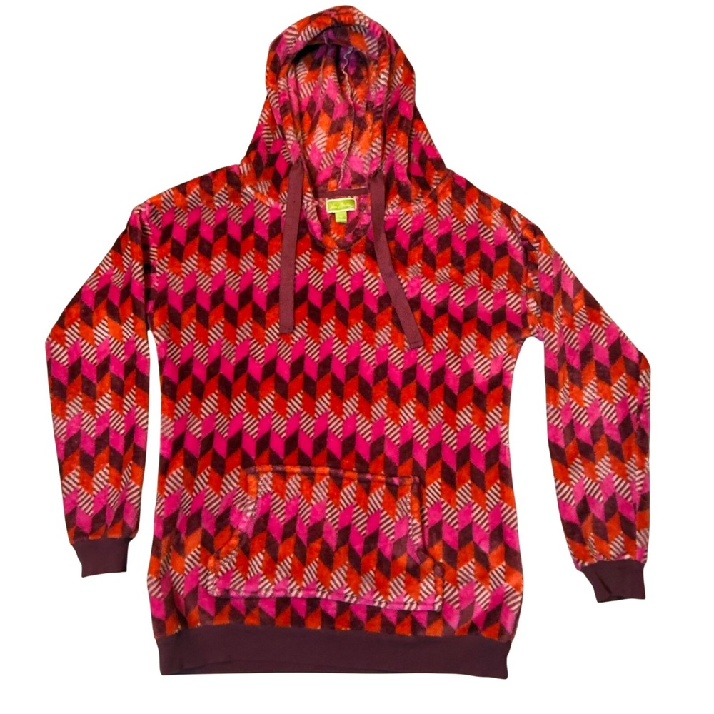 Vera Bradley Womens Sm Fleece Hoodie Pink Orange Geometric Chevron Pullover Boho
